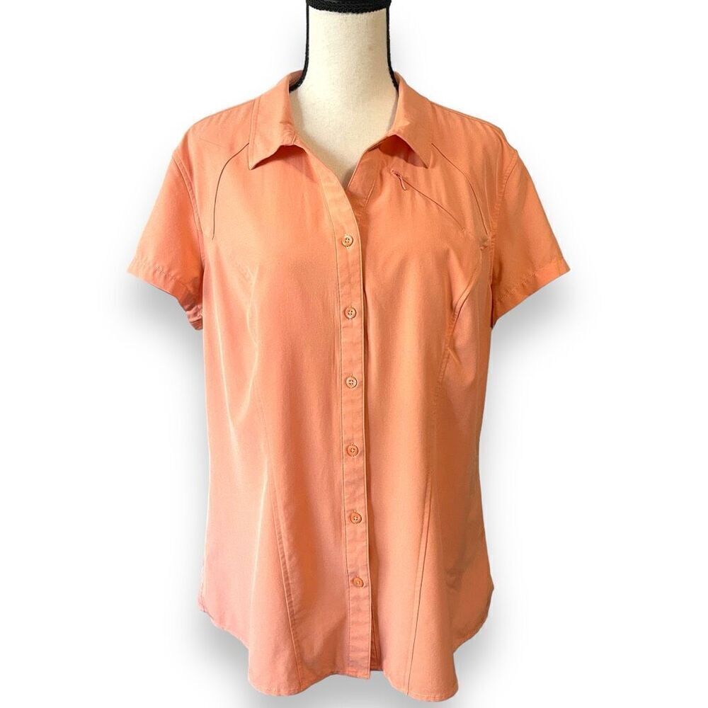 Ascend Short Sleeve Stretch Collared Zipper Pocket Button Up‎ Shirt Peach XL